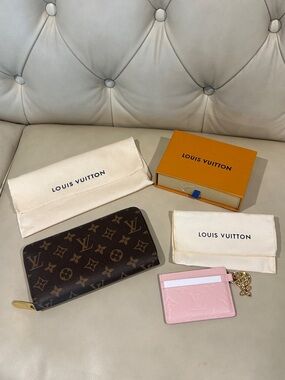 Brown Monogram Zip Wallet with Pink Cardholder Key Charm